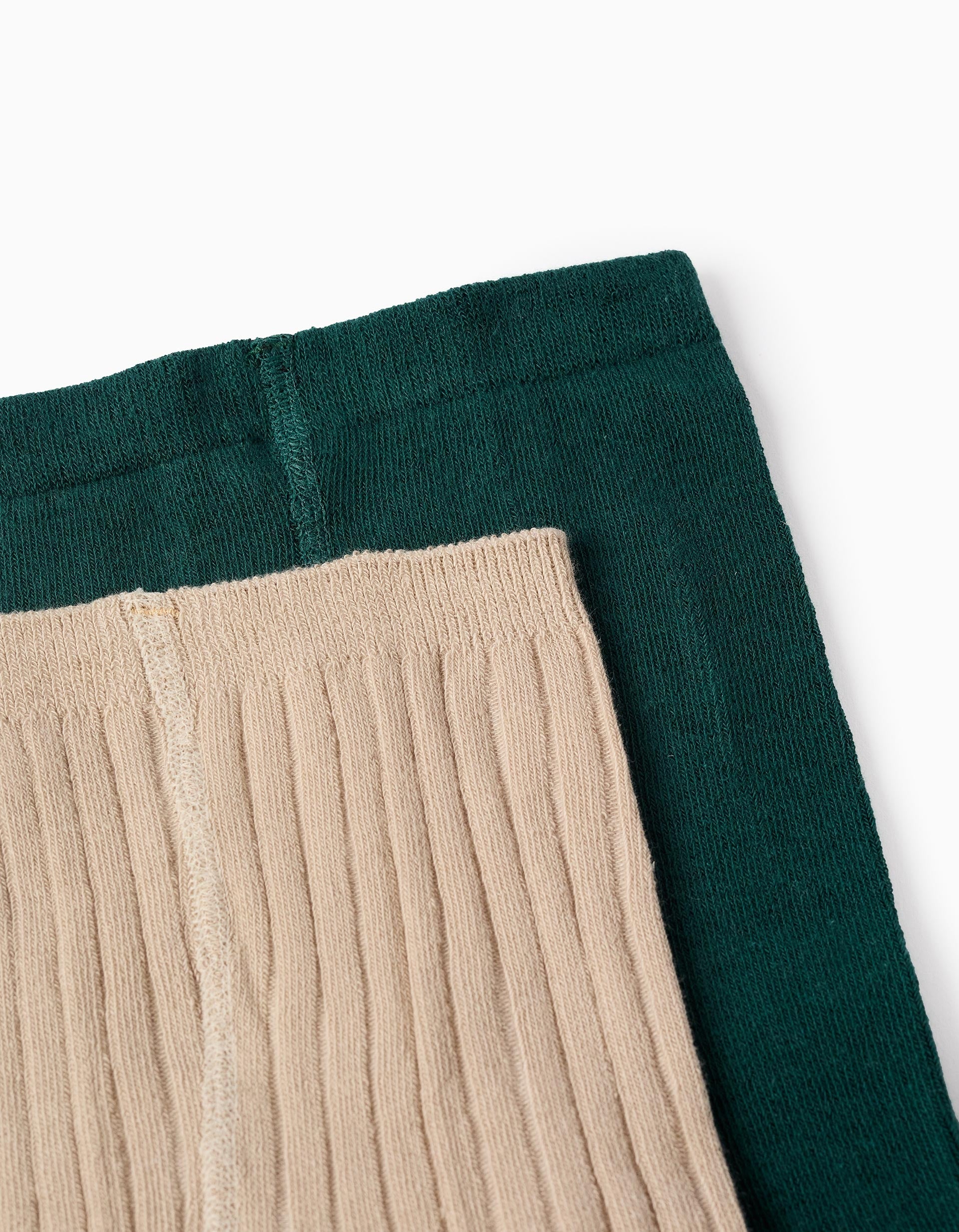 Pack 2 Plain/Ribbed Tights for Girls, Beige/Green