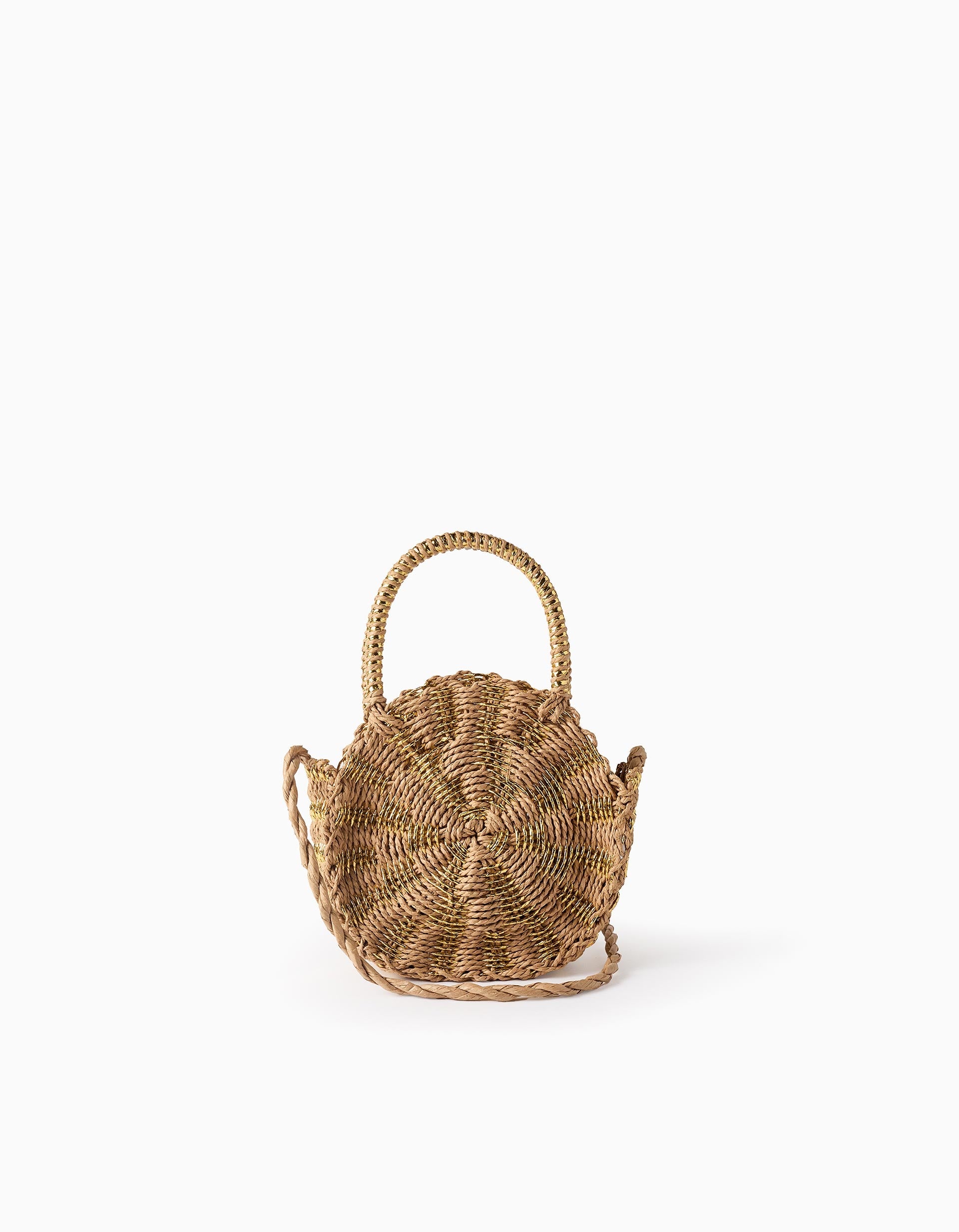 Straw Crossbody Bag for Girls, Beige/Gold
