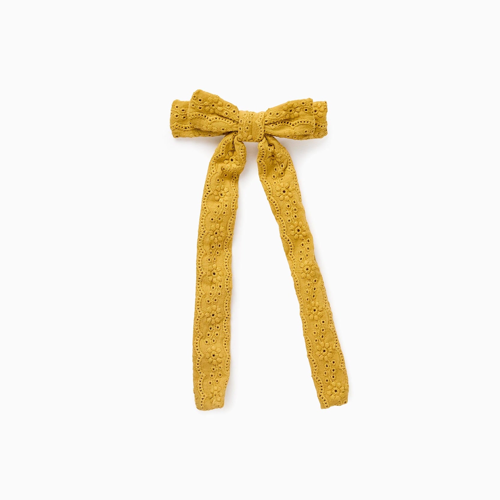 Hair Slide with Long Bow of Broderie Anglaise for Baby and Girls, Yellow